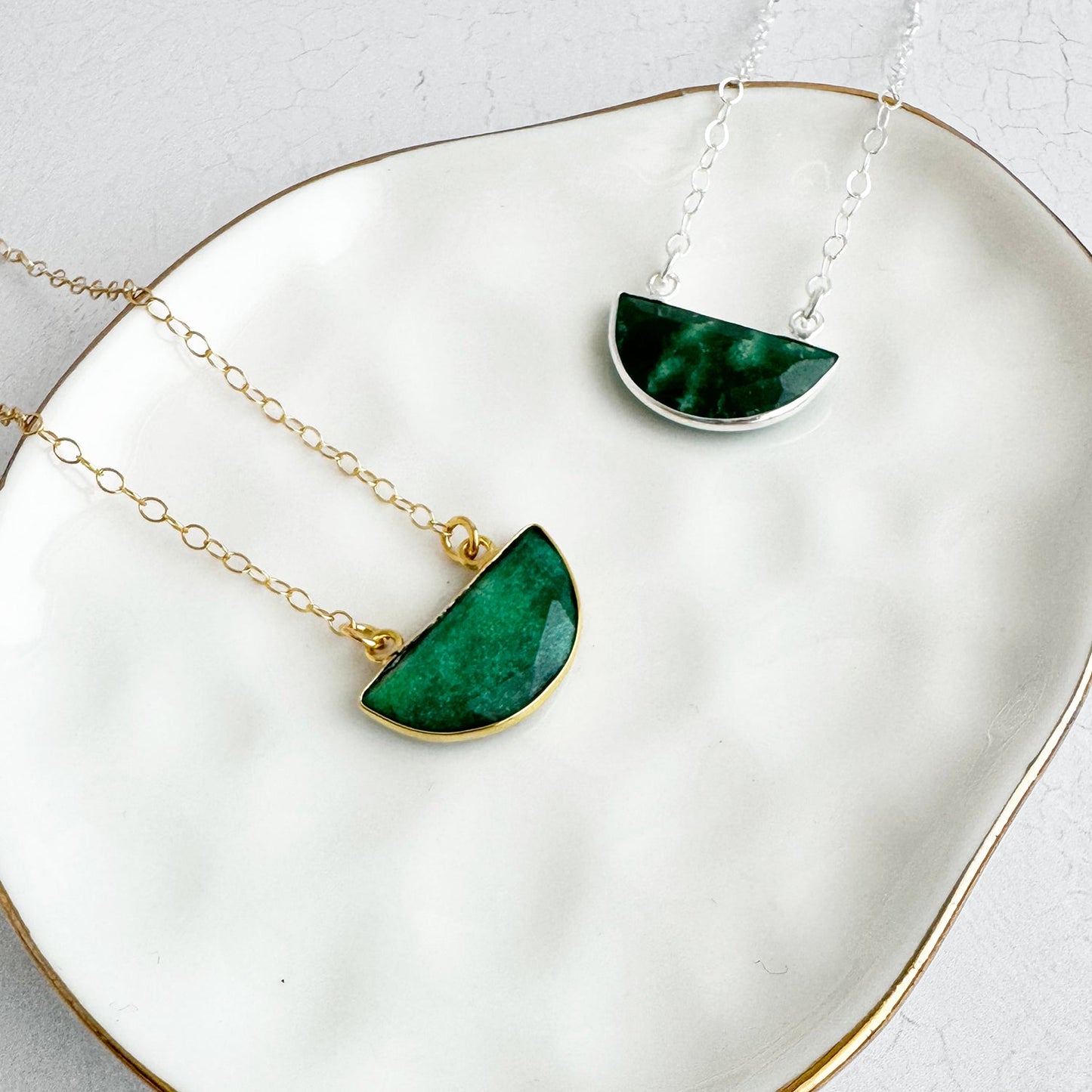 Small Half Moon Crescent Necklace - Raw Emerald