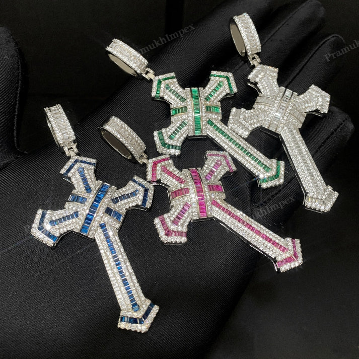Iced Out Baguette Coloured Cross Pendant