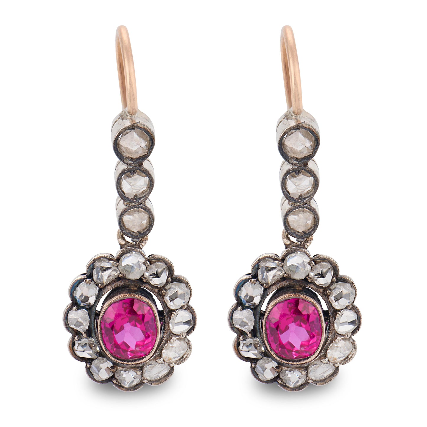 Victorian 14k/Sterling Silver Diamond & "Ruby" Dangle Earrings