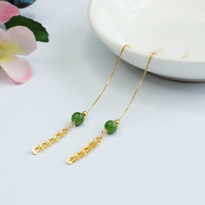 Fortune Jewel 925 Sterling Silver Natural Hetian Cyan Jade Bead Luck Phoenix Tail Drop Earrings