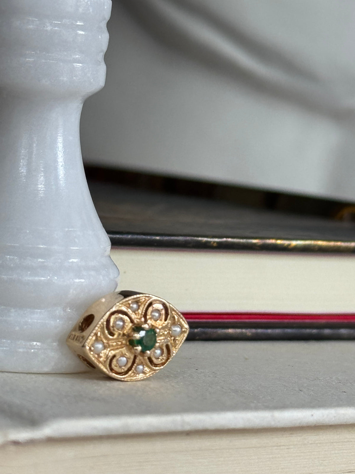 Vintage 14k Yellow Gold & Emerald Ornate  Double Slider Charm