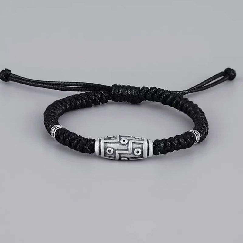 Fortune Jewel 999 Sterling Silver Nine-Eye Dzi Bead Pattern Blessing Rope Bracelet