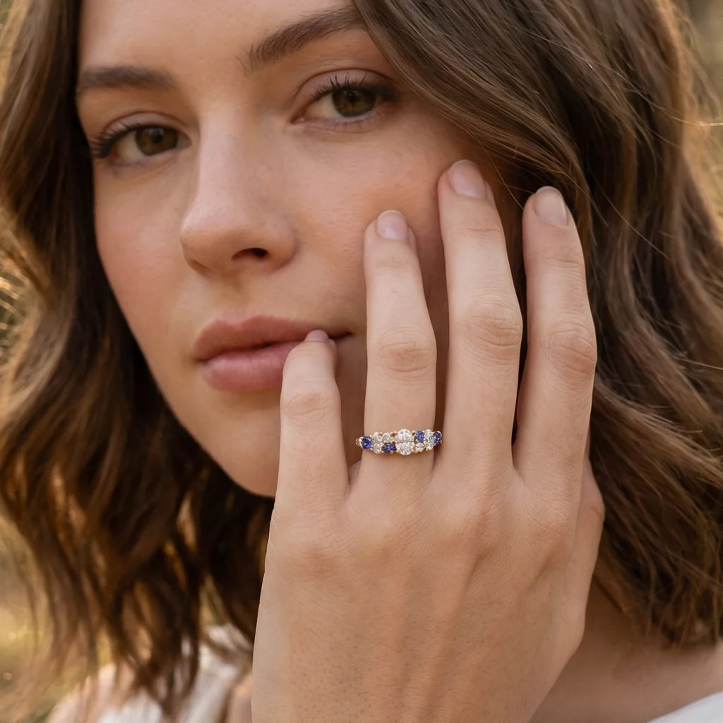 Cordelia’s Keepsake | Thistle Blue Sapphire & Moissanite Half‑Eternity Ring