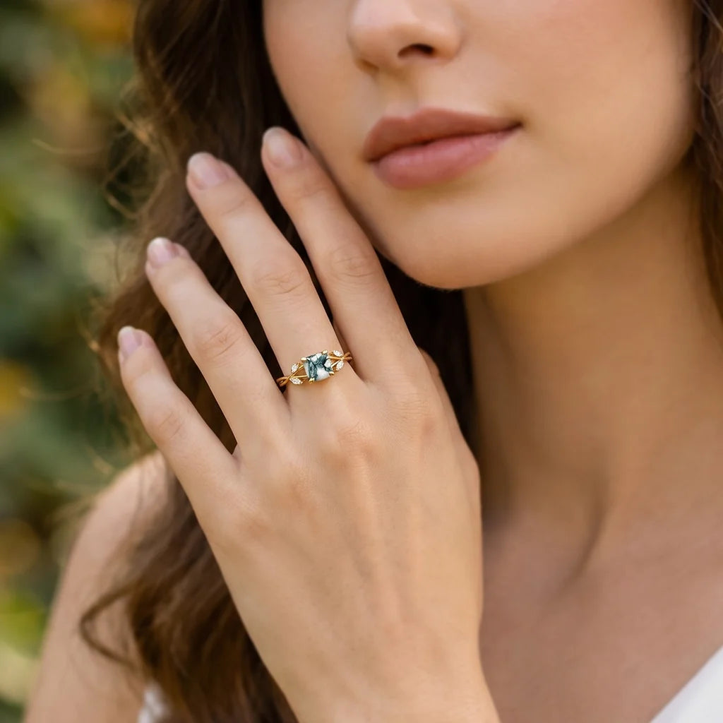Penelope’s Evermore | Cushion Cut Moss Agate Vine Engagement Ring