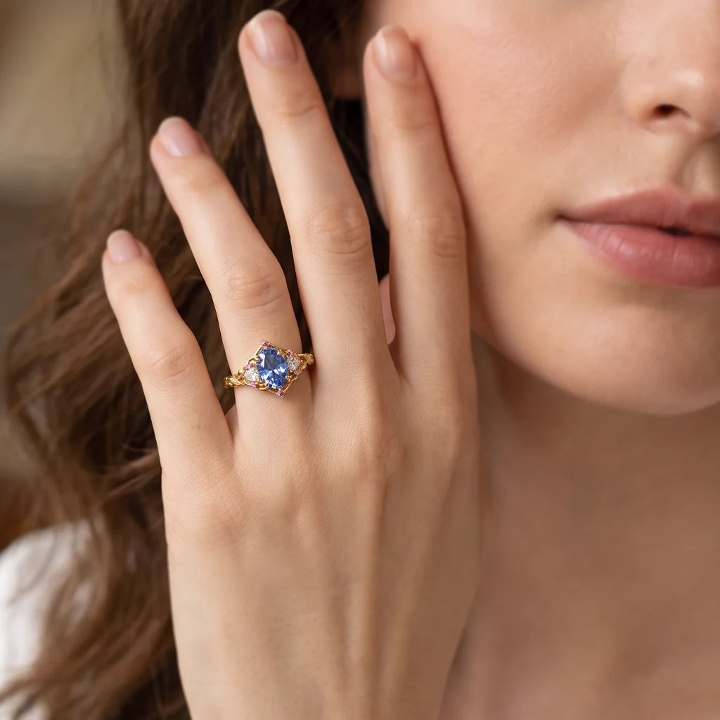 Audrey Three-Stone Sparkle Cut Sapphire Engagement Ring
