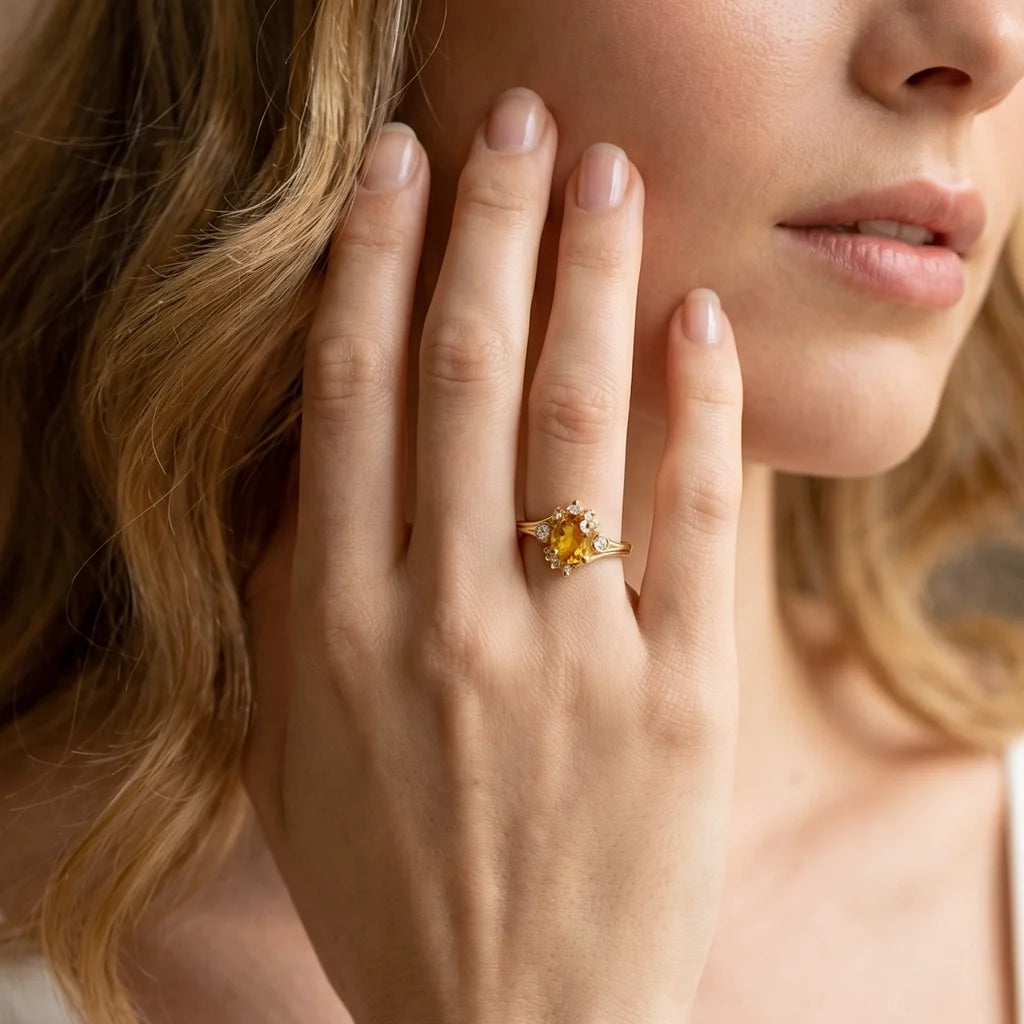 Aurora’s Radiance | Classic  Oval Cut Yellow Sapphire Halo Engagement Ring