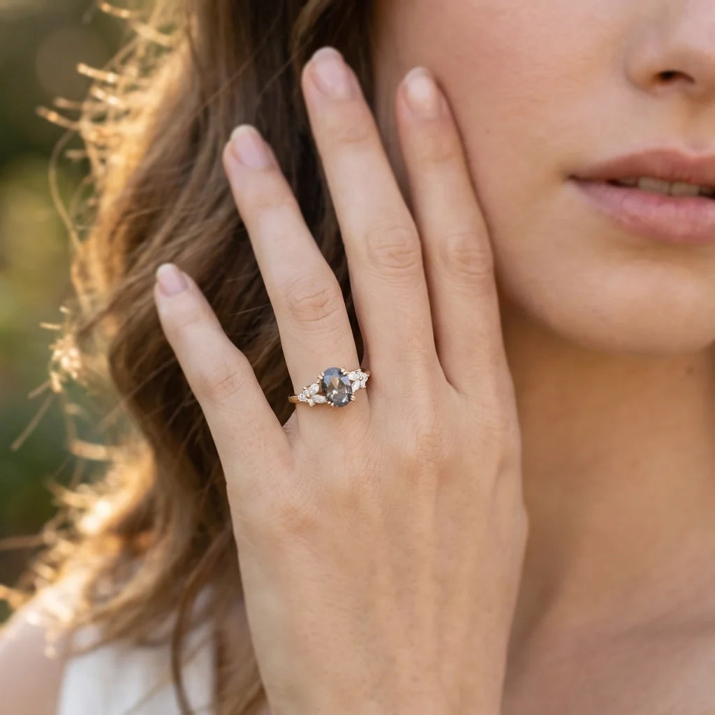 Isadora’s Bloom | 1CT Vintage Oval Salt & Pepper Diamond Cluster Engagement Ring