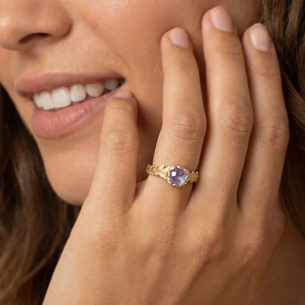 Daphne’s Branch | Round Tanzanite Engagement Ring with Sculptural Vine Band
