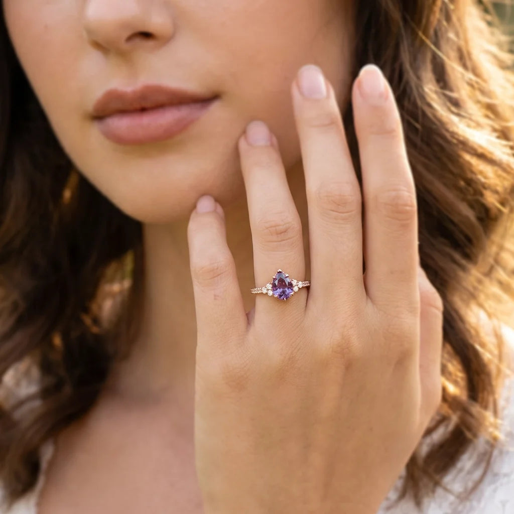 Aurora's Twilight | 2CT Pear Violet Sapphire Engagement Ring with Diamond Band