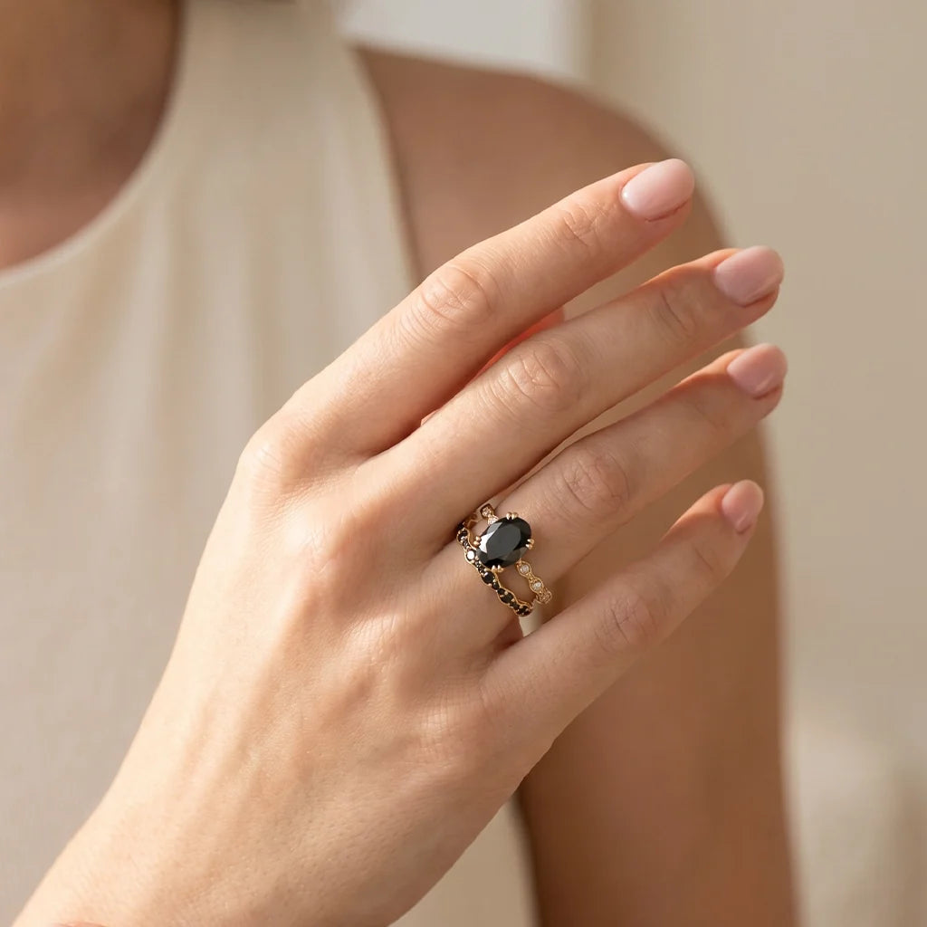 Nyx’s Shadow | Oval Black Diamond Bridal Set with Black Diamond Bands 2pcs