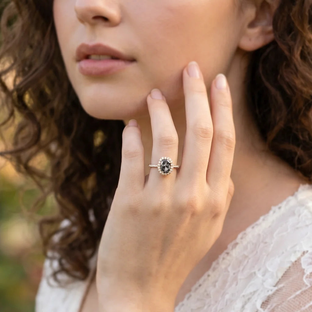 Isadora’s Essence | 1CT Oval Salt & Pepper Diamond Halo Pavé Engagement Ring
