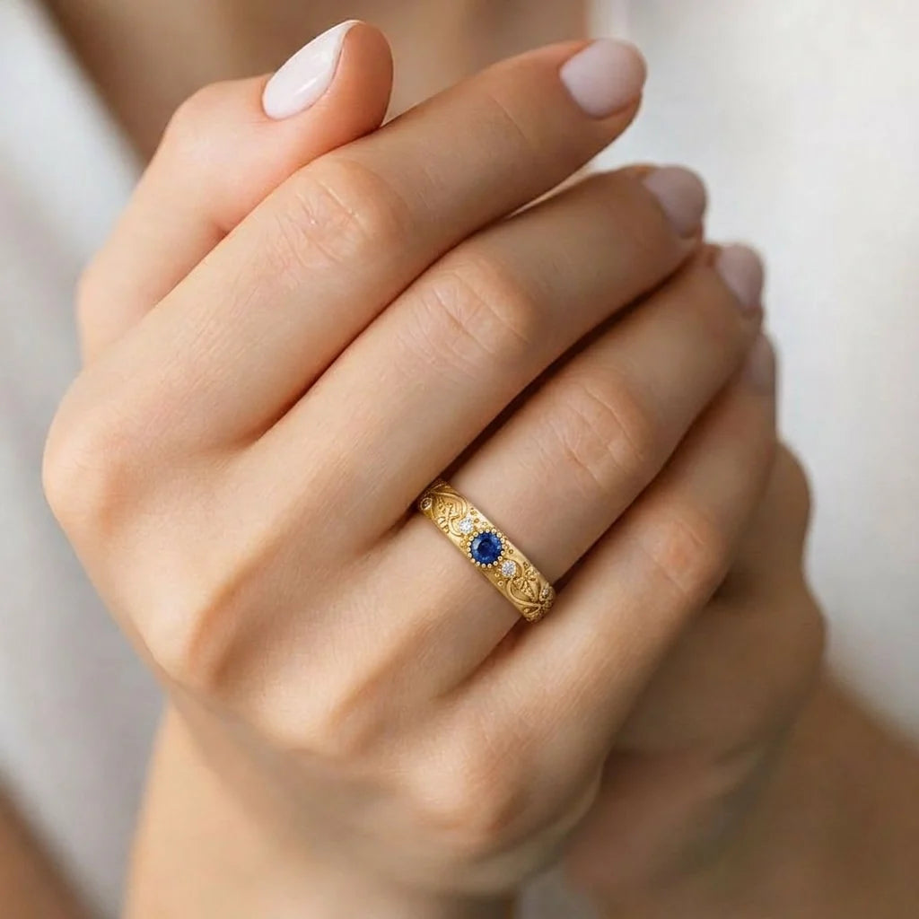 Ivy’s Cove | Blue Sapphire & Diamond Ivy Leaf Wedding Band