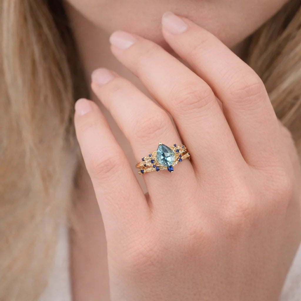 Isolde’s Tide | Vintage Pear Aquamarine & Sapphire Floral Bridal Set 2pcs