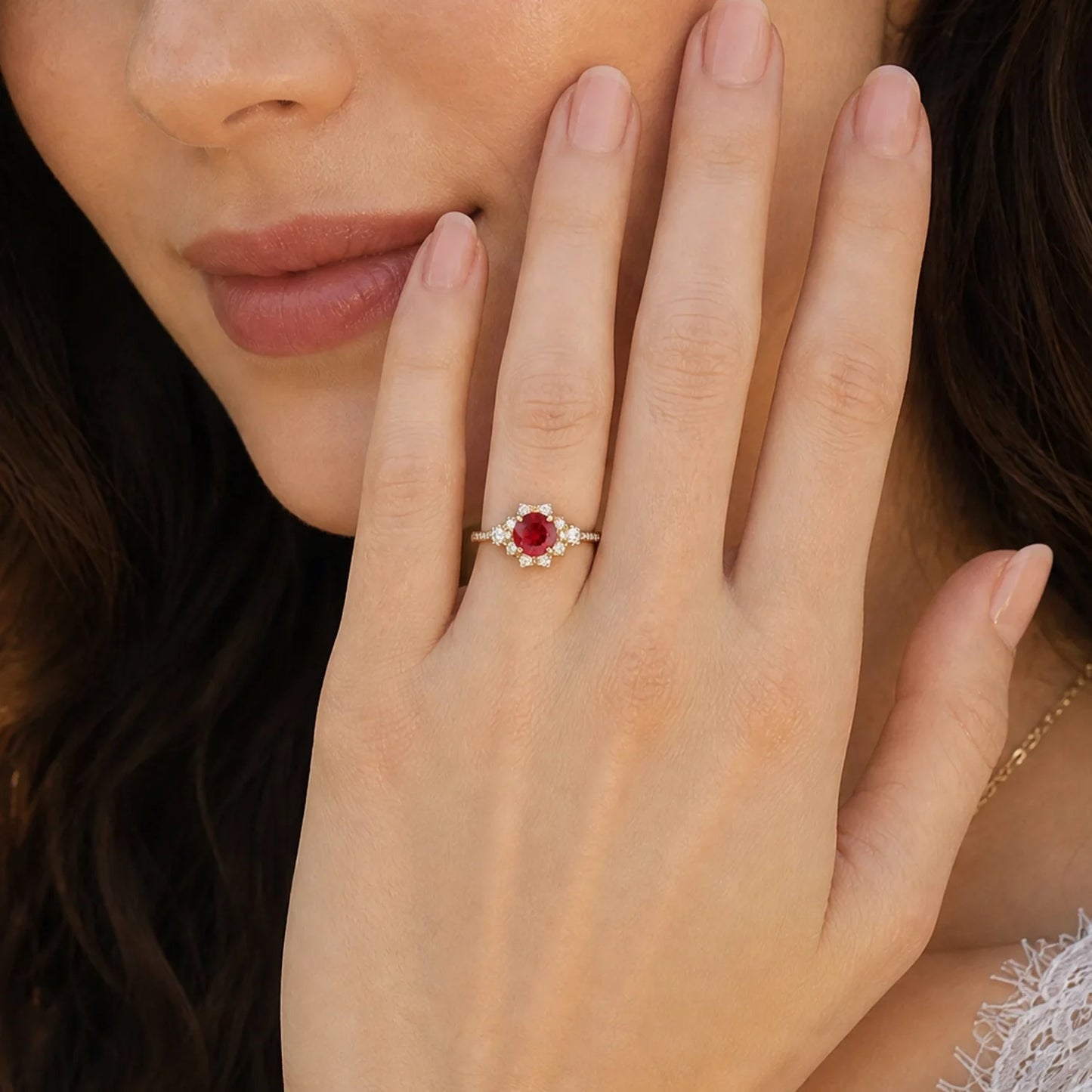 Valencia’s Pulse | Burgundy Round Ruby Halo Engagement Ring