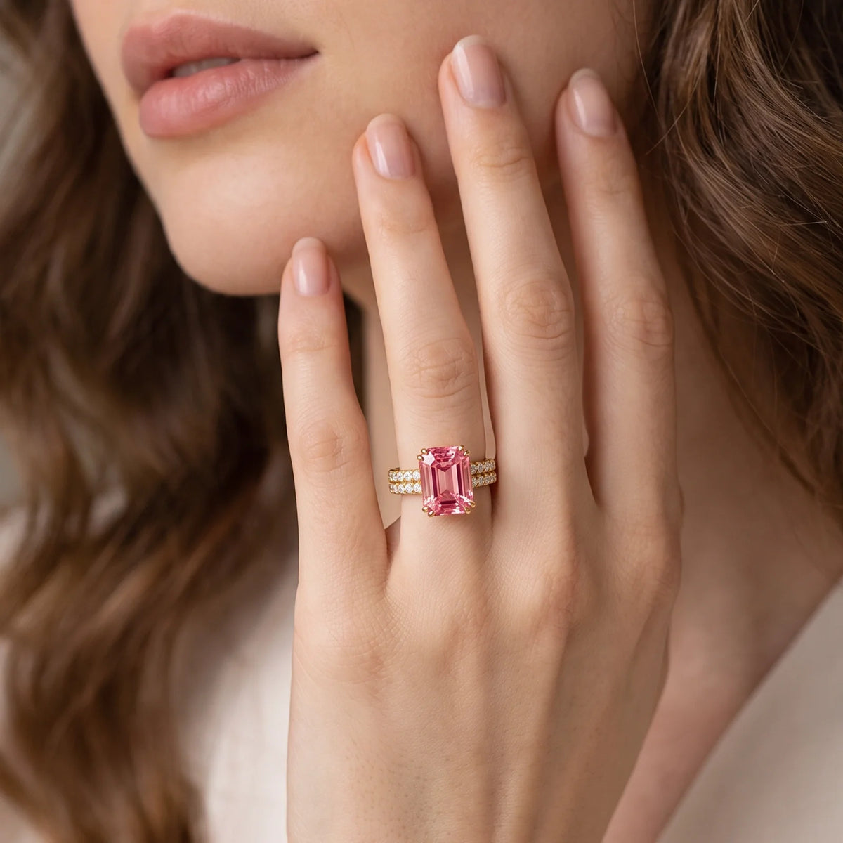 Lyra‘s Aquarelle | 3CT Emerald Cut Pink Sapphire Engagement Ring
