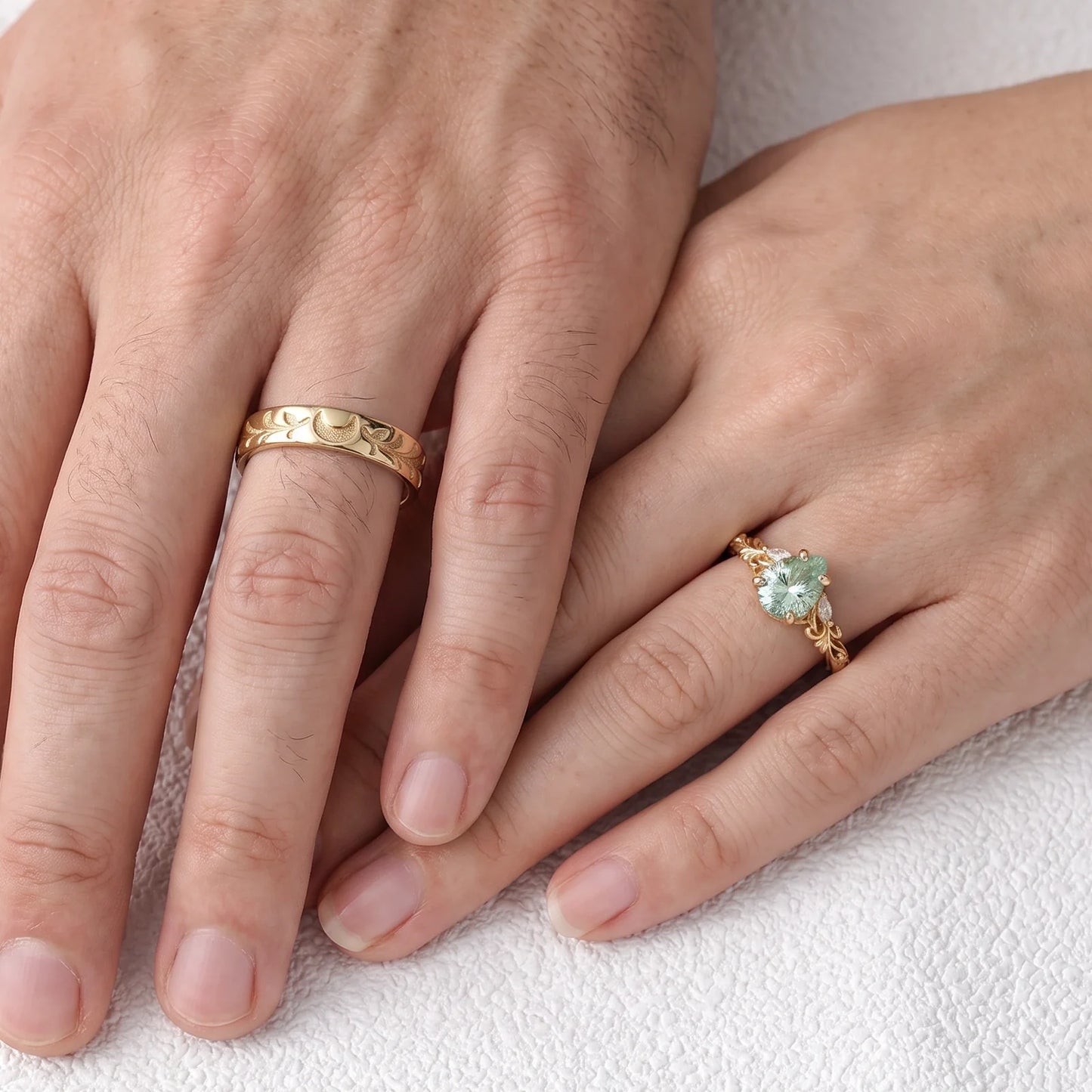 Selene’s Grove | Pear Green Sapphire & Moon Phase Couple Ring Set