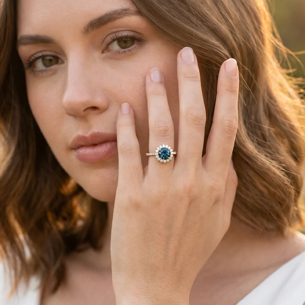 Stella's Spark | Vintage Blue Sapphire Diamond Halo Engagement Ring