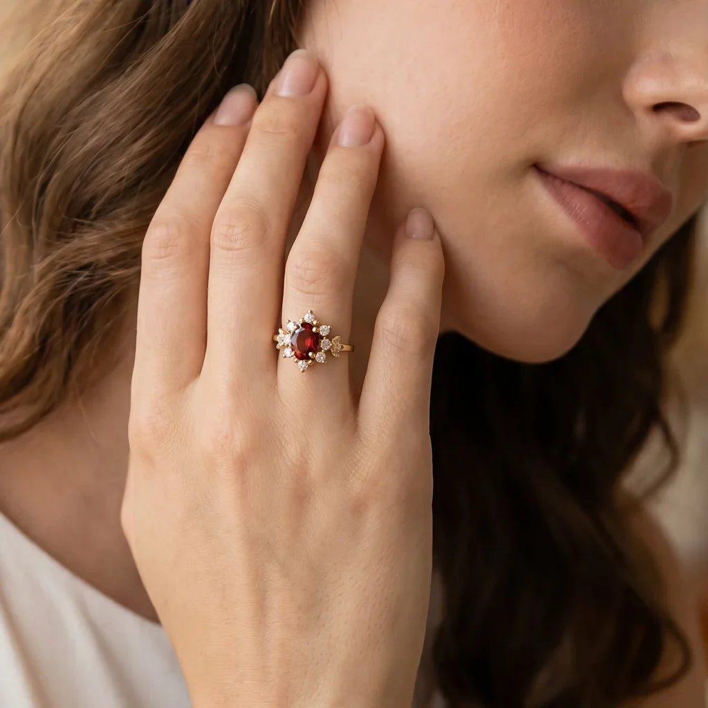 Valentina’s Flame | 1CT Vintage Oval Ruby Halo Engagement Ring