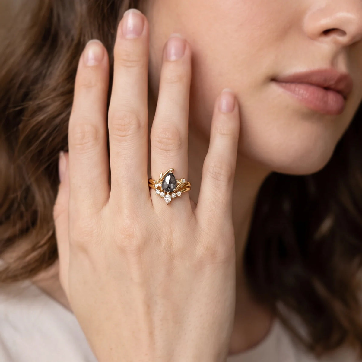 Seraphina’s Stardust | 1.5CT Pear Salt & Pepper Diamond Bridal Duo
