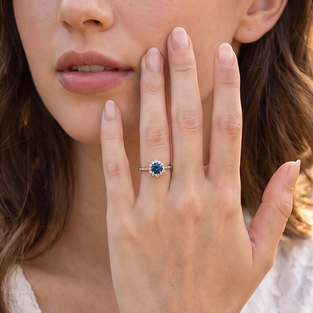 Stella’s Twilight | Blue Sapphire Halo Engagement Ring