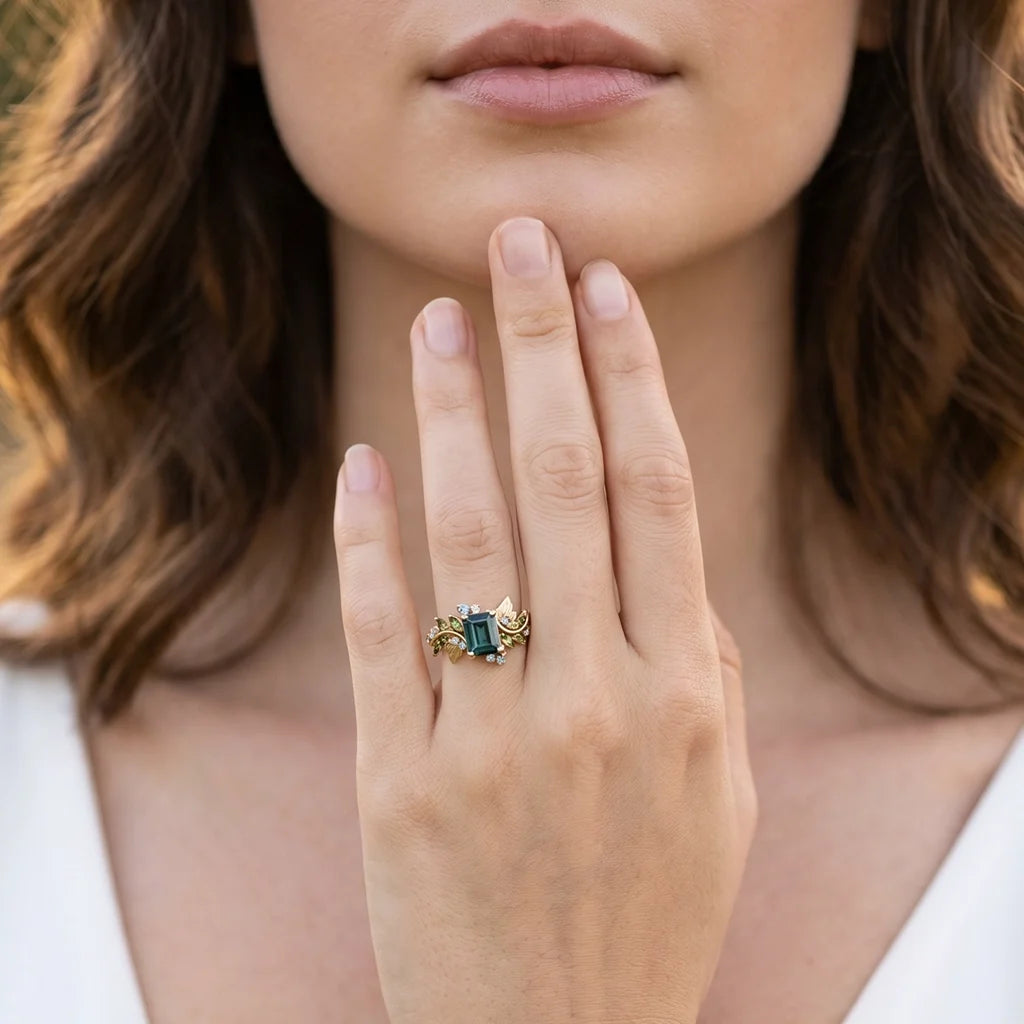 Ivy’s Embrace | Emerald Cut Blue Green Tourmaline Vine & Leaf Engagement Ring