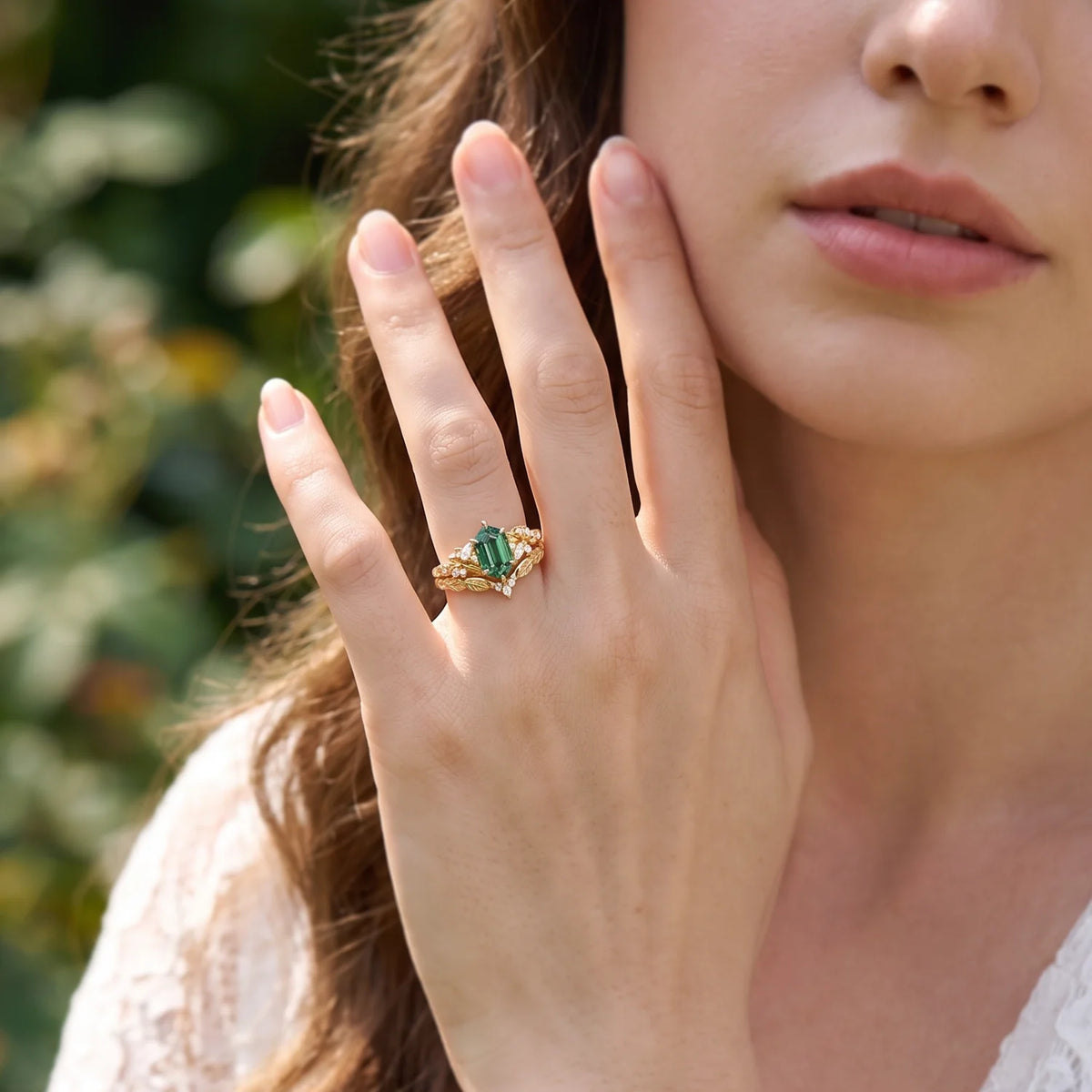 Sylvia’s Heartwood | Hexagon Cut Lab Green Sapphire Foliage Bridal Duo