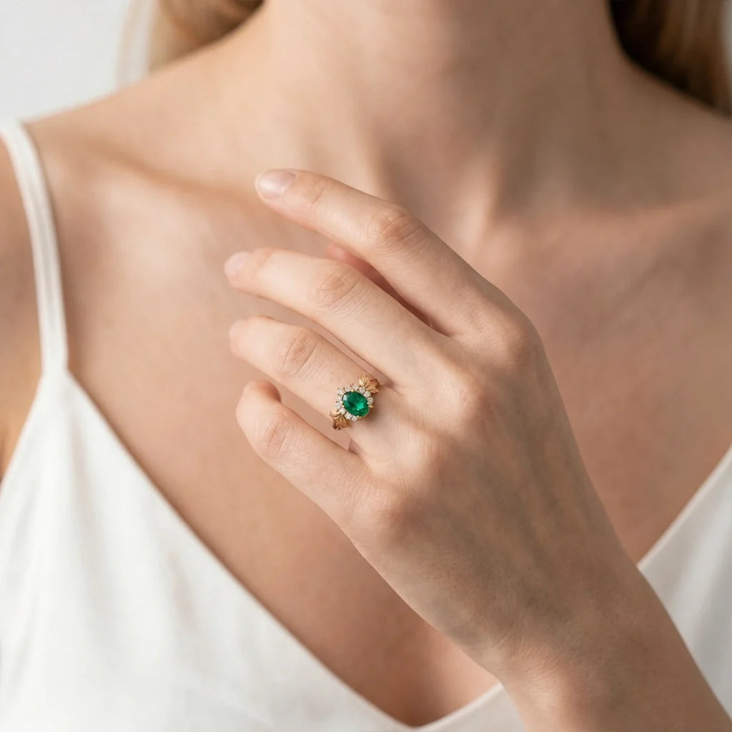 Isolde’s Heritage | Oval Natural Emerald & Diamond Halo Engagement Ring