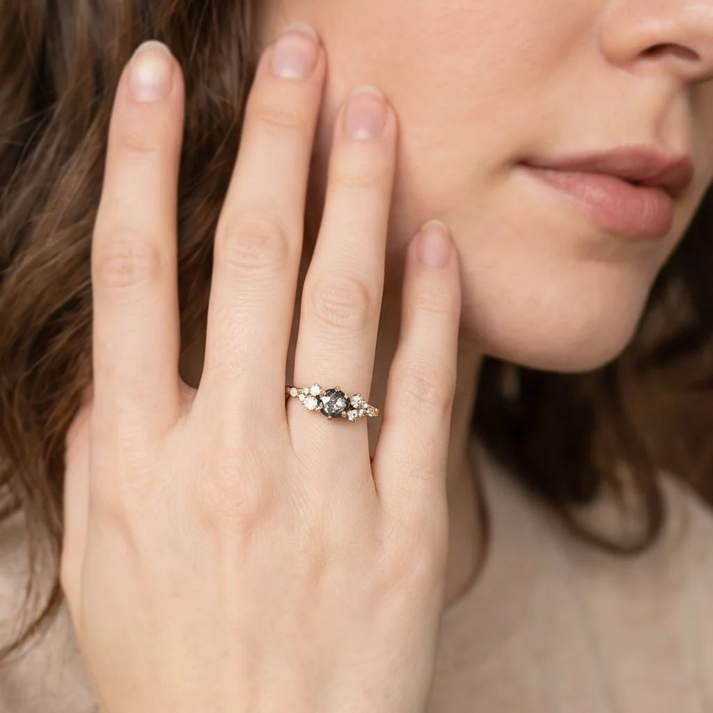 Isadora’s Solstice | Round Salt & Pepper Diamond Cluster Engagement Ring