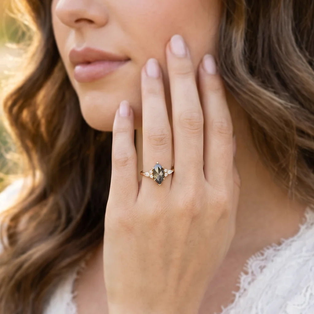Isadora’s Stardust | Marquise Cut Salt & Pepper Diamond Cluster Engagement Ring