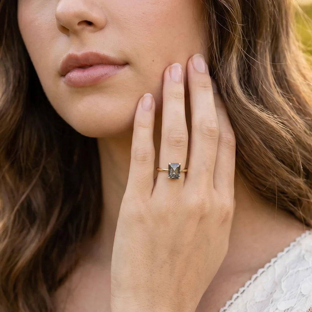 Isadora’s Step | 2CT Emerald Cut Salt & Pepper Diamond Solitaire Engagement Ring