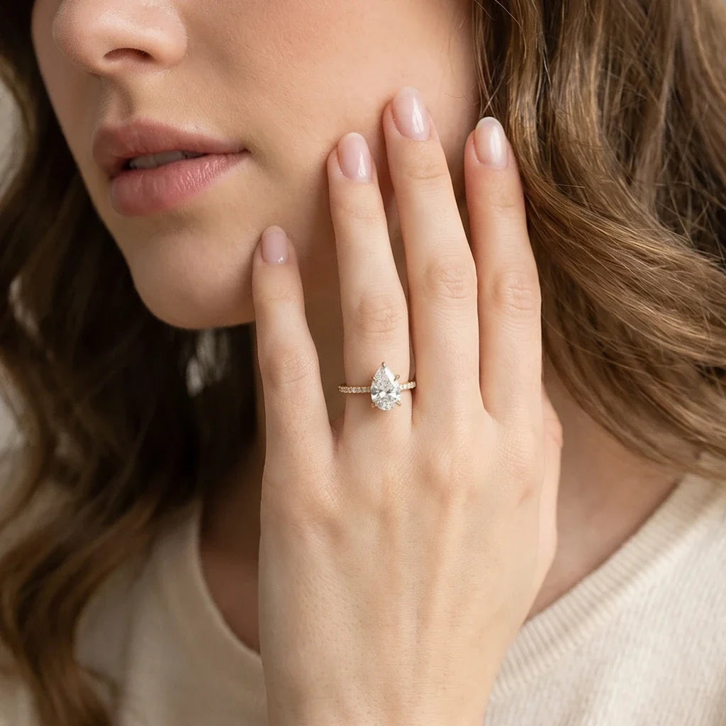 Aurelia's Radiance | 1.5CT Pear Diamond Pavé Solitaire Engagement Ring