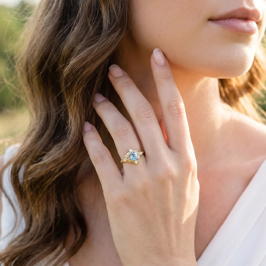 Marina’s Lace | Round Aquamarine Engagement Ring with Filigree Setting