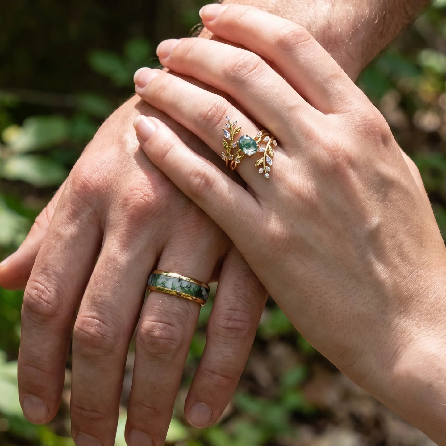 Sylvie’s Wildwood | Oval Moss Agate & Inlay Band Couple Set 3pcs