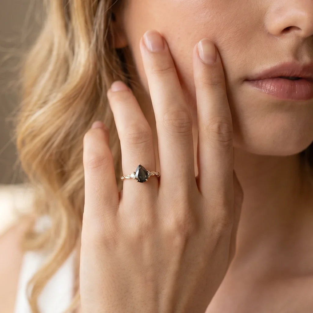 Isadora’s Trilogy | 1.2CT Pear Cut Salt & Pepper Diamond Engagement Ring