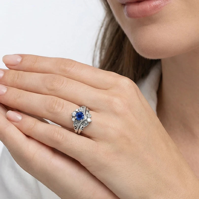 Ivy’s Wreath | Round Blue Sapphire & Diamond Vintage Bridal Set 2pcs