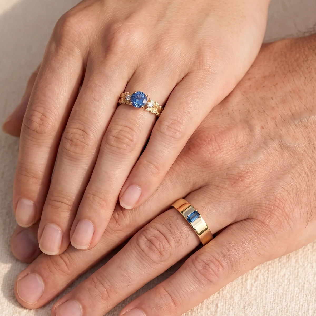Iris’s Sonnet | Blue Sapphire Solitaire & Inner Engraved Band Couple Set