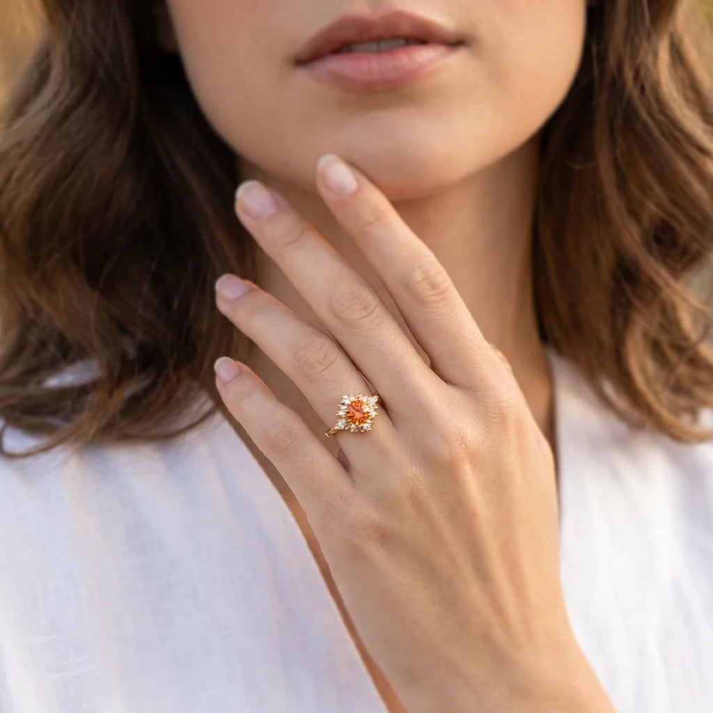 Vivienne’s Amber | Round Cut Orange Sapphire Halo Engagement Ring