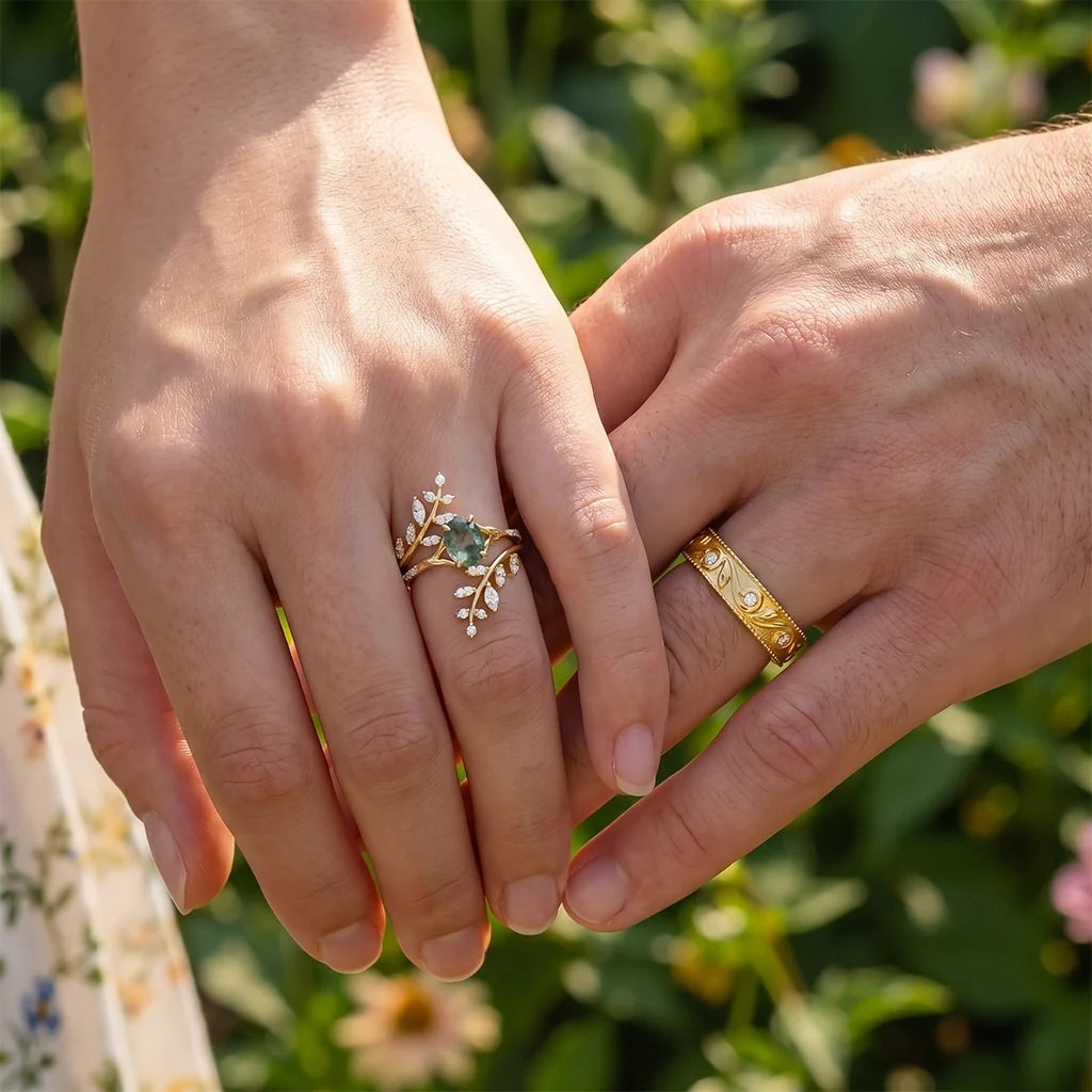 Flora’s Enclosure | Oval Moss Agate Cluster Couple Ring Set 3pcs