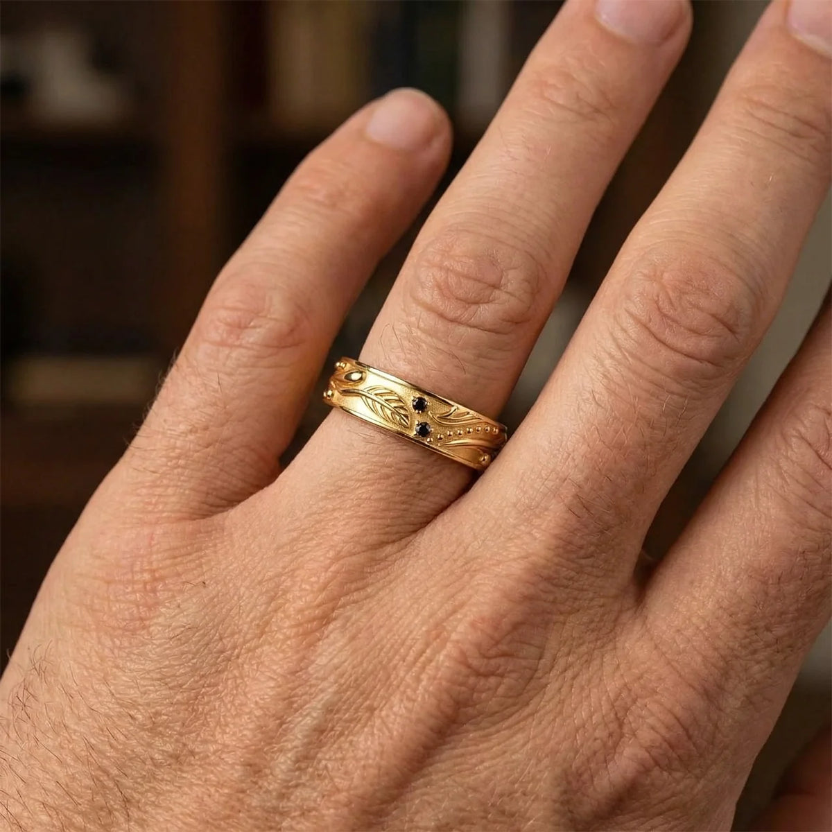 Olive Shade | Men’s Wedding Band with Black Sapphire