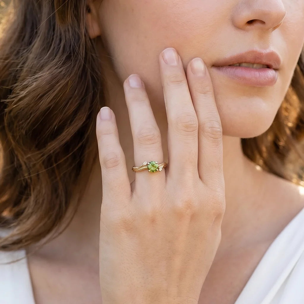 Ivy’s Verdant | Round Peridot Vine Engagement Ring