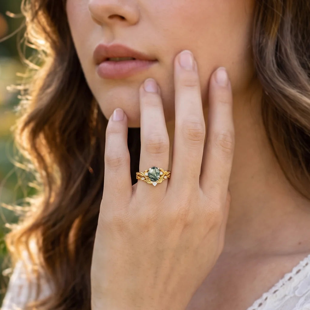 Rosalind’s Arbor | Oval Cut Moss Agate Leaf Branch Bridal Set 2pcs