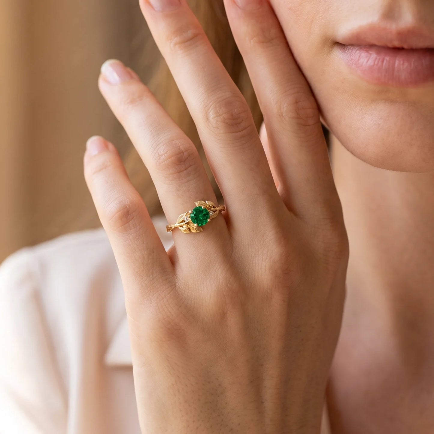 Diana’s Verdant | Round Cut Emerald Foliage Engagement Ring