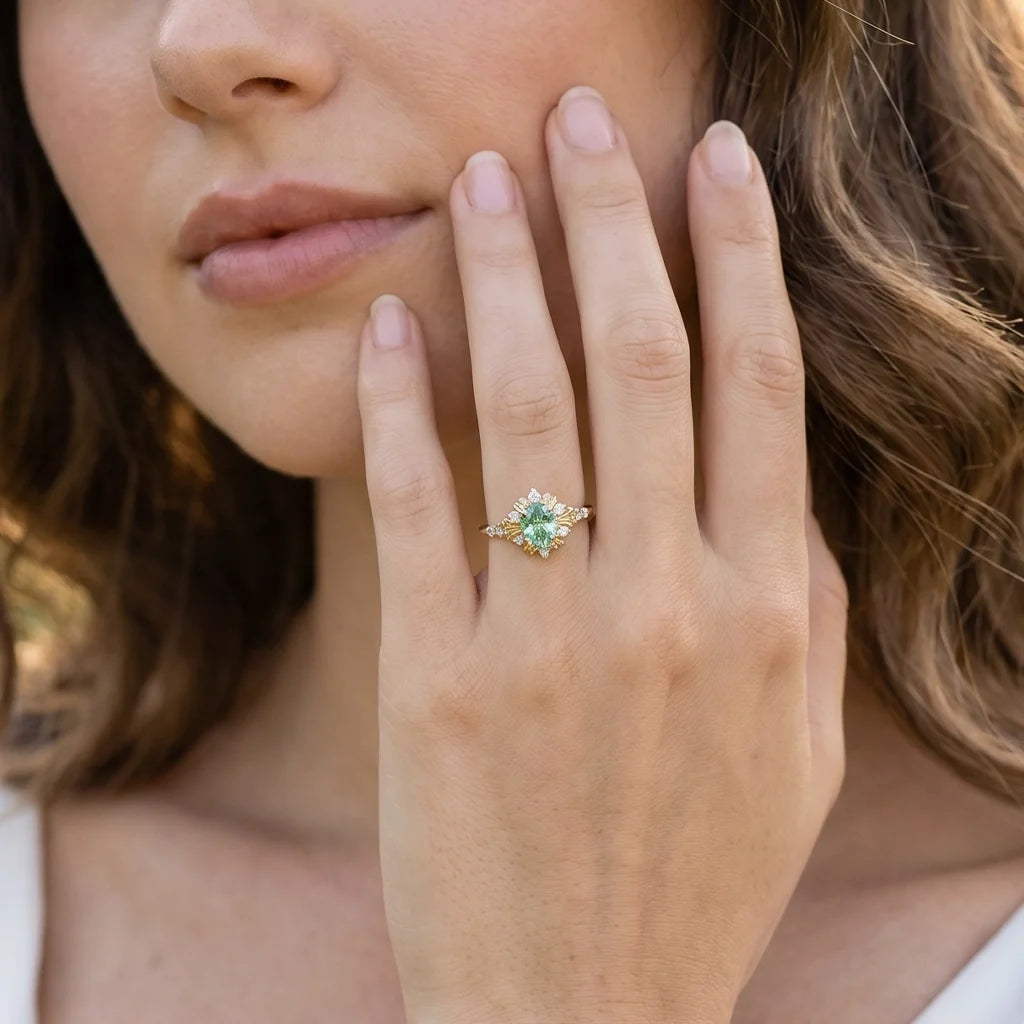 Isolde’s Enchantment | Vintage Oval Green Sapphire Halo Engagement Ring