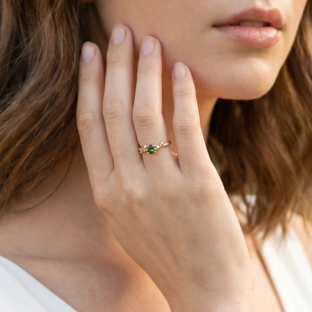 Fairy Glen | Teal Sapphire Engagement Ring with Leaf Band
