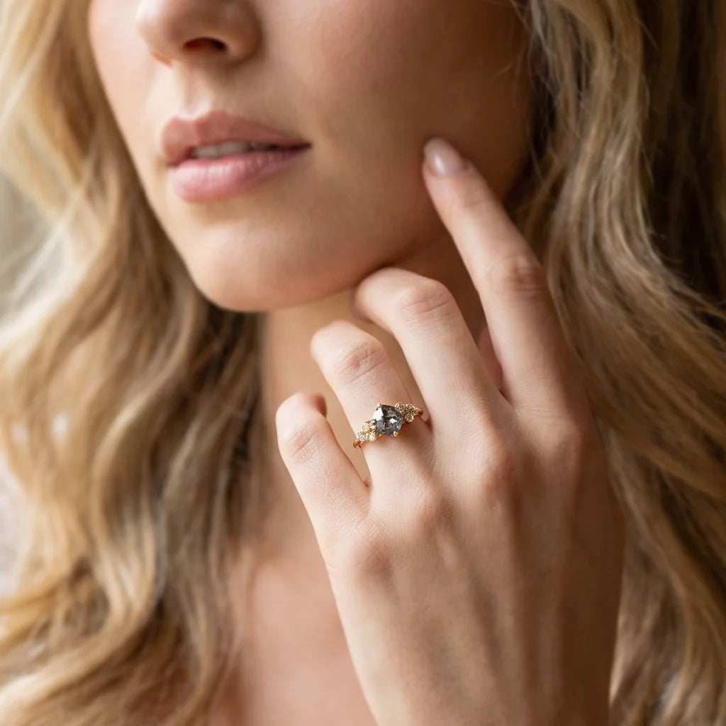 Astrid’s Stardust | 1.5CT Cushion Salt & Pepper Diamond Blossom Engagement Ring