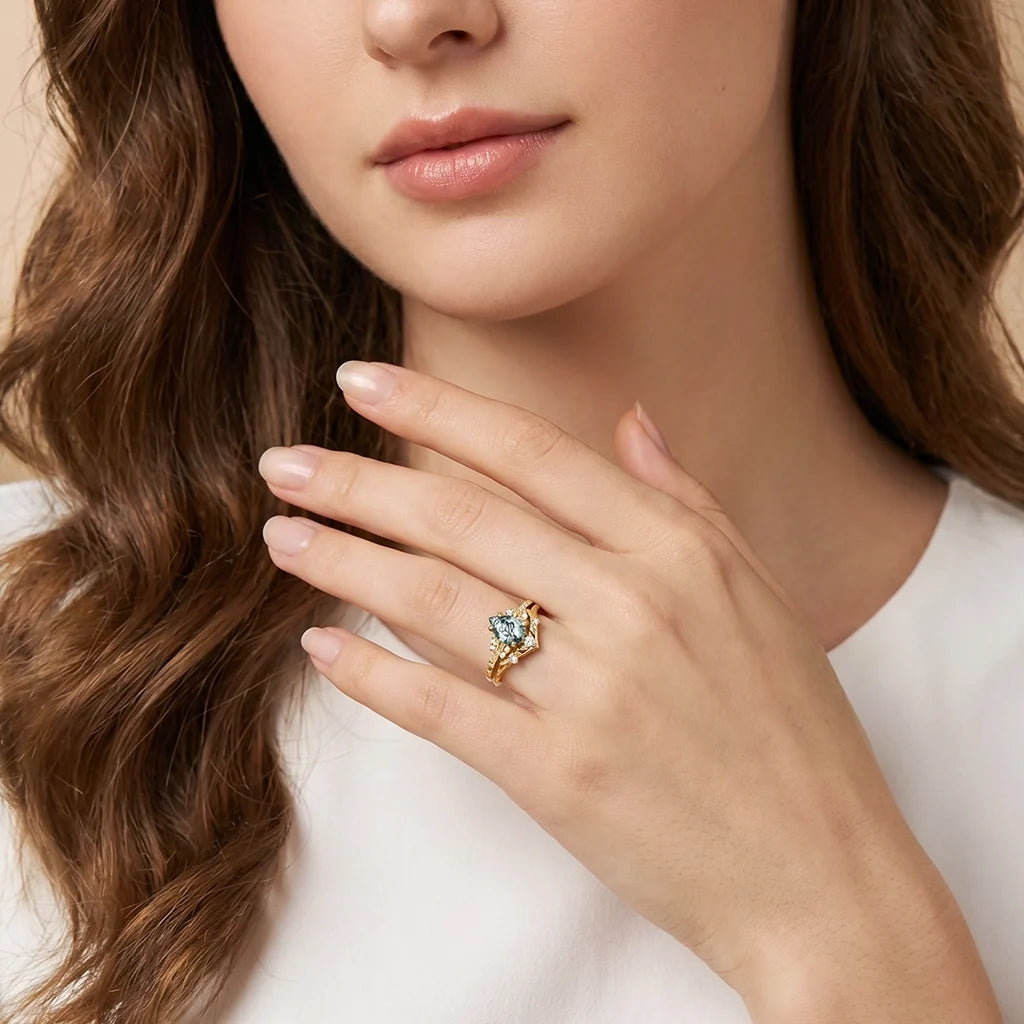 Hortense  Leaf Nature Inspired Pear Cut Moss Agate Engagement Ring Set 2pcs