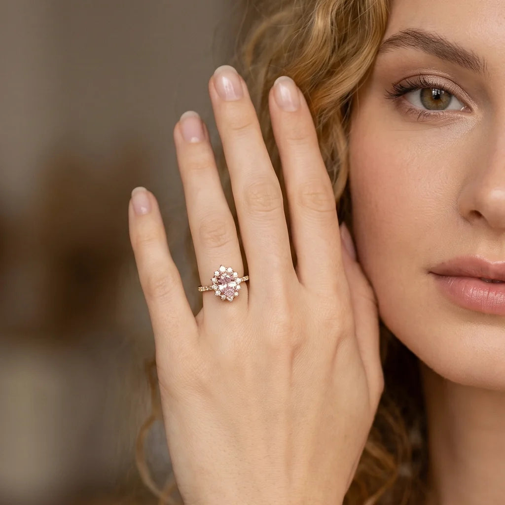 Rosalind’s Blush | Rose Quartz Halo Engagement Ring