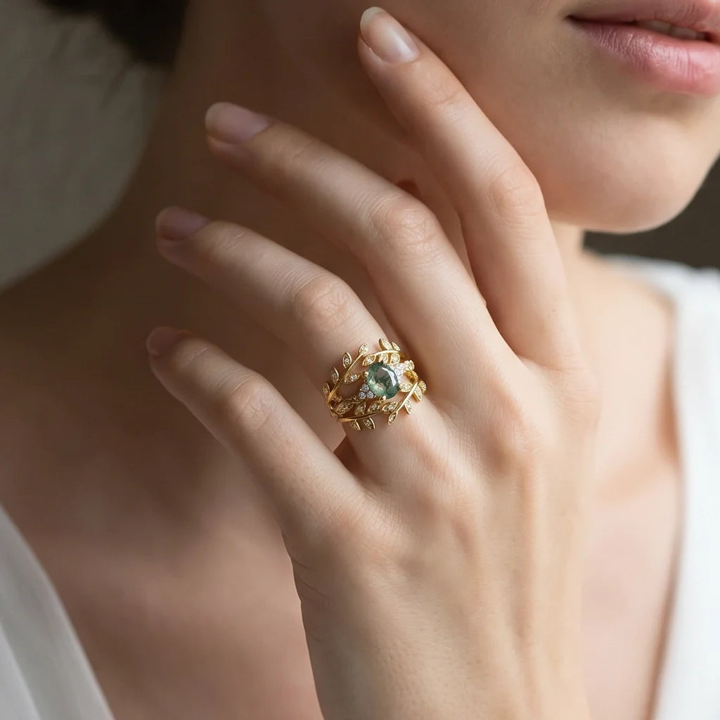 Honorée Moss Agate Leafy Branch Enhancer Ring Set 2pcs