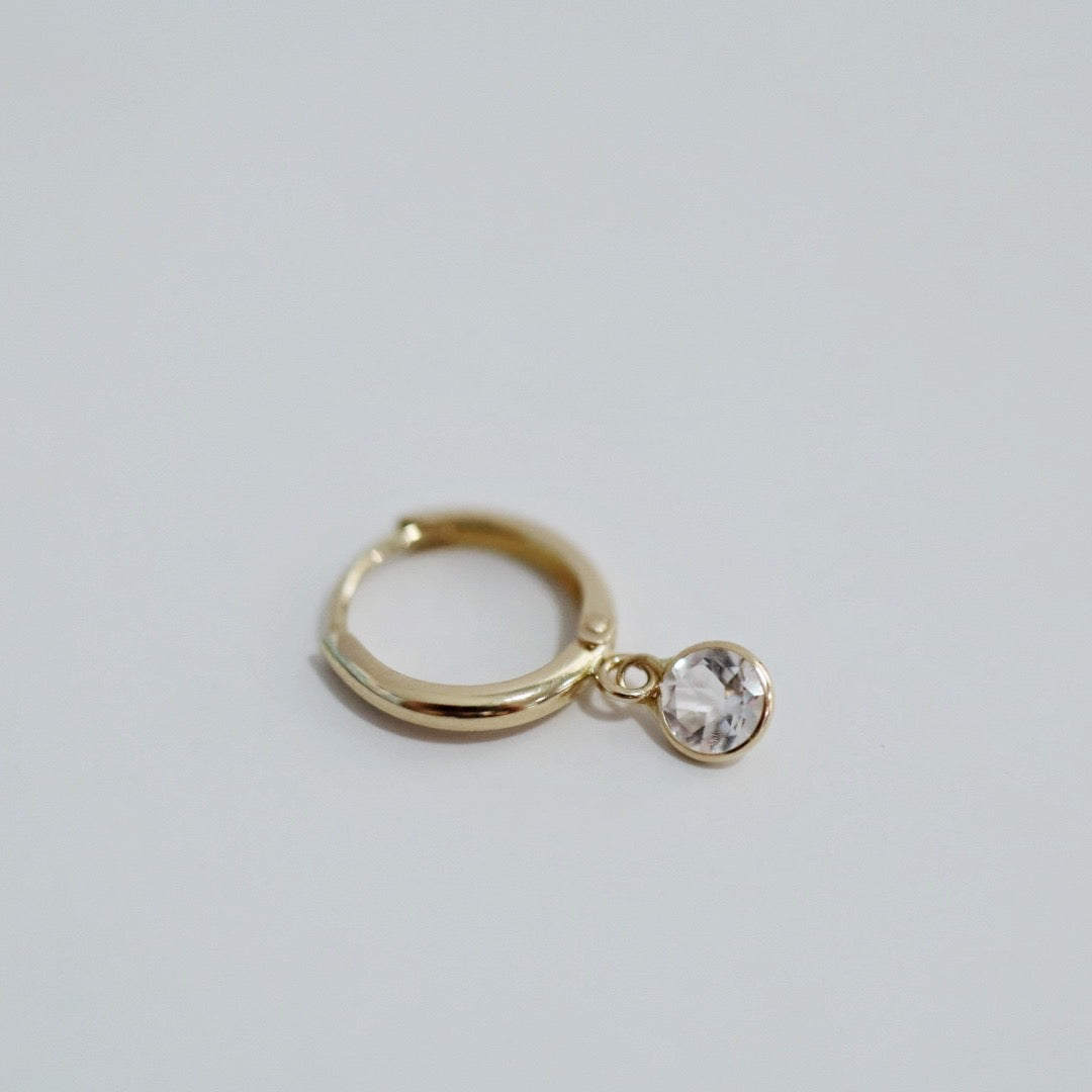 Hoop Earring in 14 karat Yellow Gold with White Topaz Gemstone Drop / SINGLE EARRING / READY TO SHIP