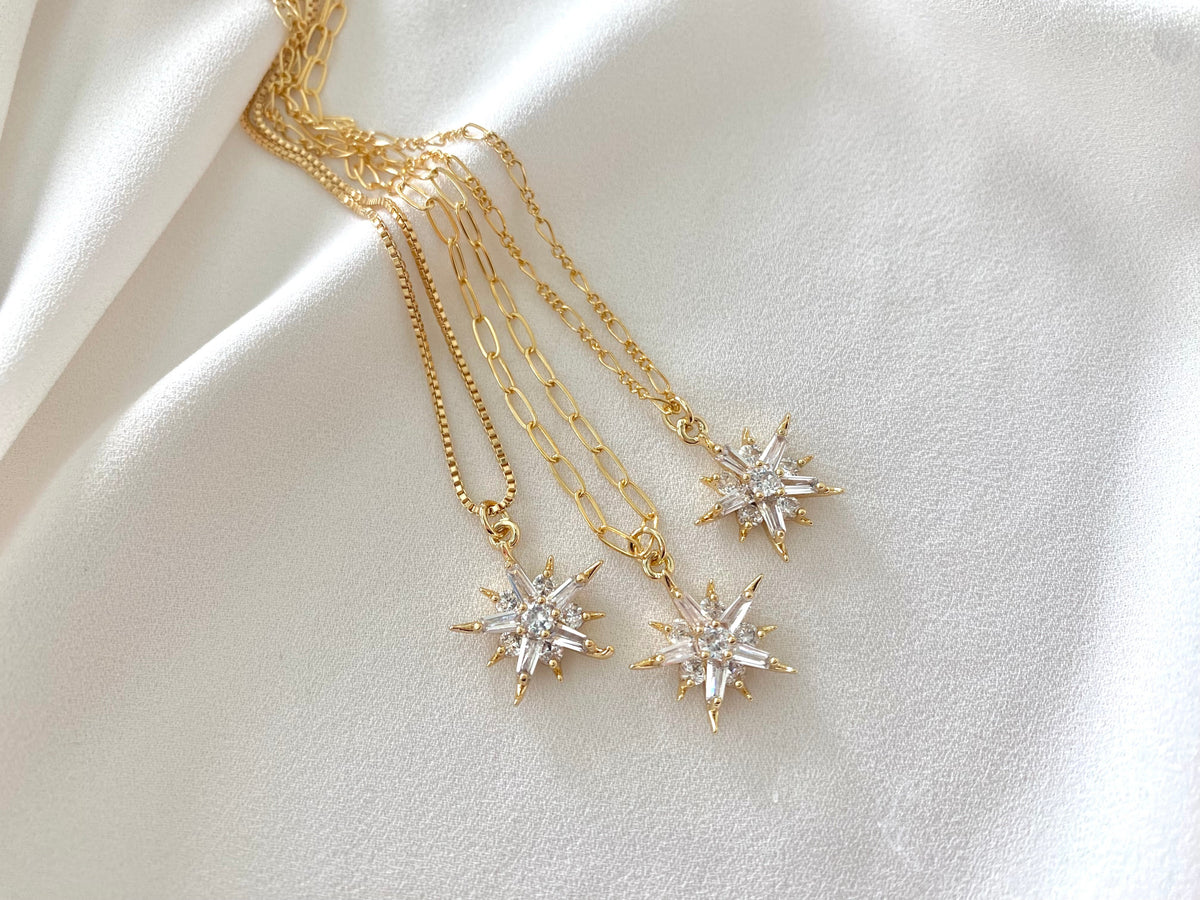 Crystal Necklace Gold Filled Baguette Pendant Necklace Starburst CZ Charm Necklace Minimalist Crystal Jewelry Christmas Gift Dainty Jewelry